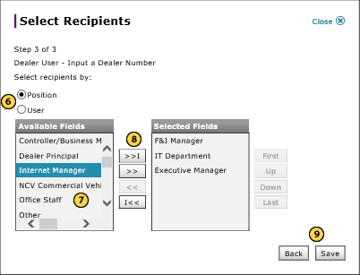 Select dealer users by dealer number, step 3 of 3.